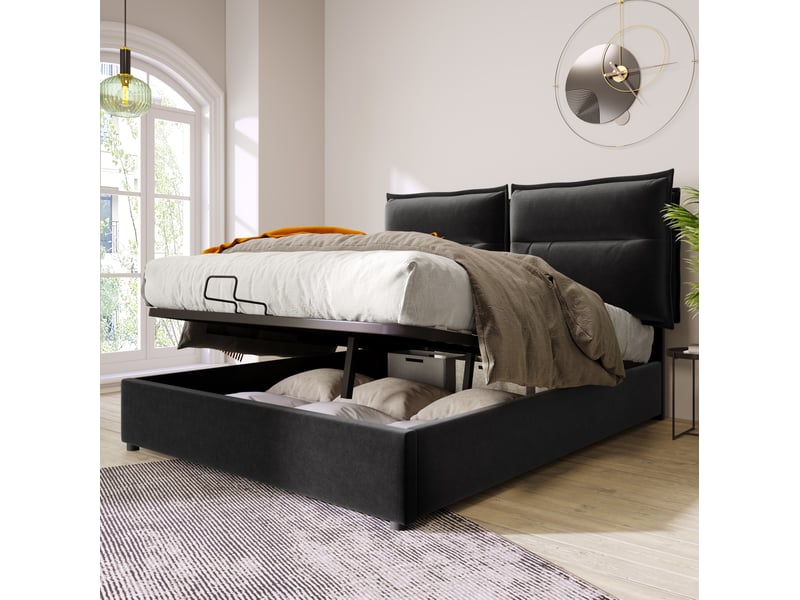  Lit coffre tcqpz 140 x 200 cm avec tête de lit réglable velours noir  - Conforama D