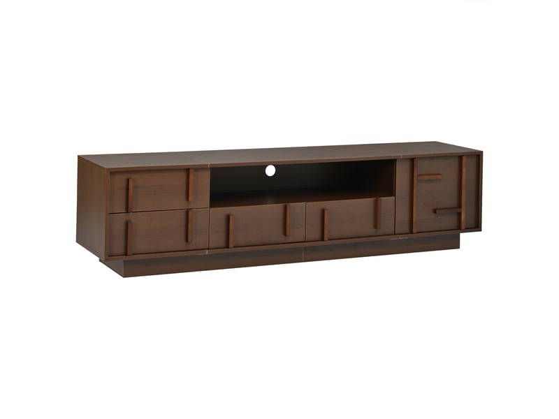 Meuble tv 180 cm en mdf couleur noyer, meuble tv pour téléviseur 75 pouces avec 4 tiroirs, 1 porte et 2 niches ouvertes - Conforama A