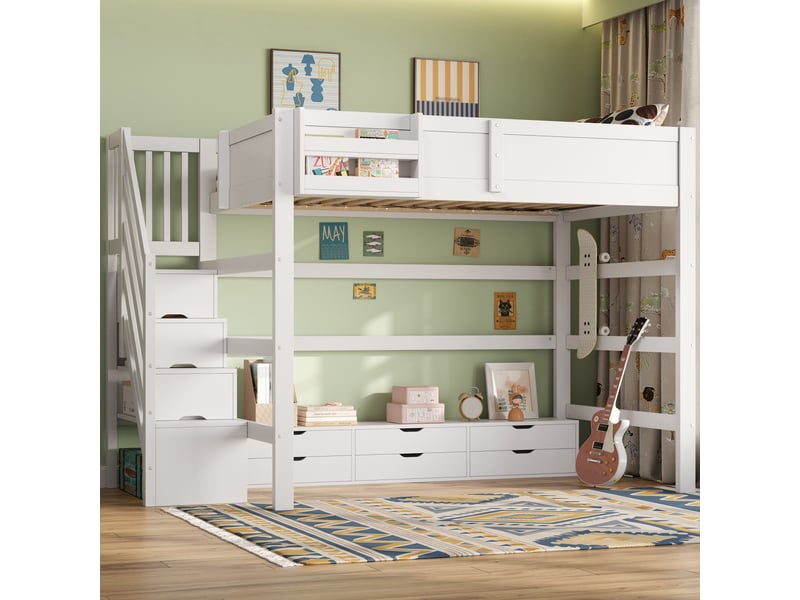  Lit mezzanine enfant 140x200 cm avec 6 tiroirs, escalier de rangement, grand espace sous le lit, garde-corps, structure en pin et mdf, blanc  - Conforama B