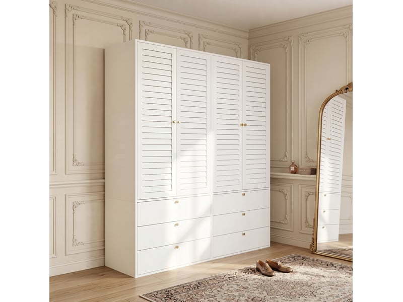  Armoire 4 portes 180x50x200 cm avec 6 tiroirs coloris blanc  - Conforama B