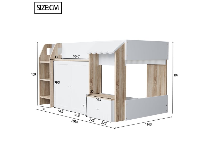 Lit mezzanine enfant 90x200 cm – blanc et bois naturel – rangements fermés, échelle large – sans matelas - Conforama C