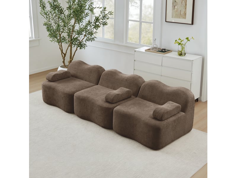  Canapé droit modulaire 3 places en velours marron, forme ondulée et assise profonde pour le salon familial  - Conforama B