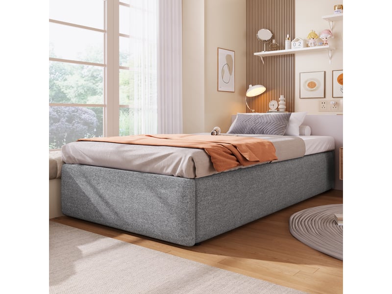  Lit capitonné 90*200cm gris, relevage hydraulique, un tiroir, sans matelas, sans tête de lit  - Conforama E