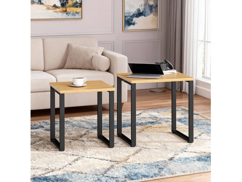  Tables basses gigognes 2 pièces avec plateau effet bois, cadre métal et patins réglables pour salon et chambre  - Conforama B