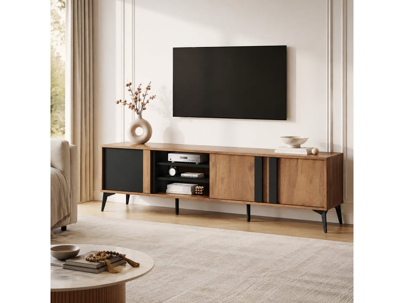  Meuble tv bas 180 x 40 x 50 cm, 3 portes, 4 niches, marron et noir  - Conforama B