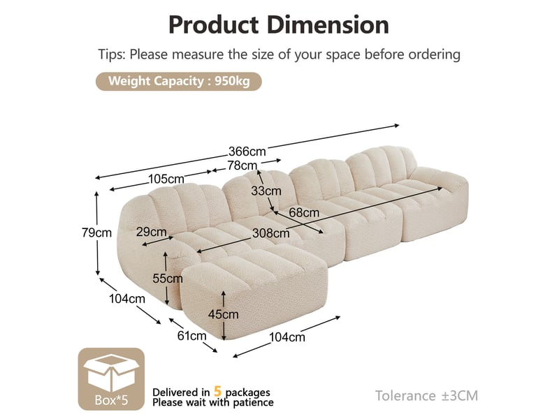 Canapé modulaire ulevr 4 places avec pouf, configuration en l, tissu bouclette beige blanc, 366 x 165 x 79 cm - Conforama C