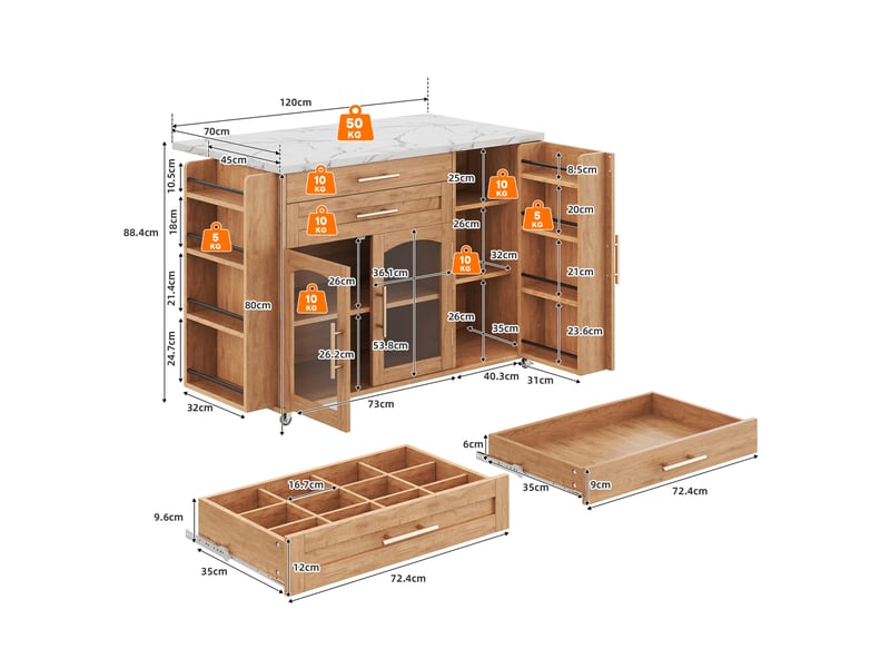  Îlot de cuisine mobile 138x70x90 cm plateau rabattable mdf naturel  - Conforama C
