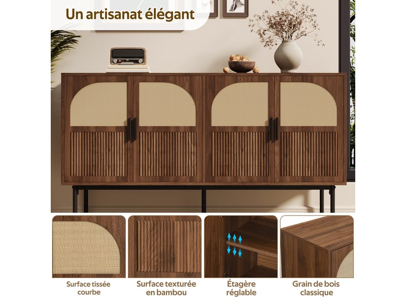 Buffet naturel, 4 portes, rangement, rotin, fermeture douce, design moderne, structure robuste - mdf - 140x40x80cm - Conforama C