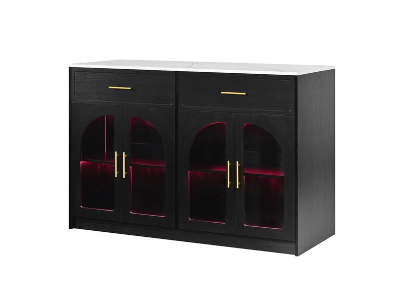  Îlot de cuisine noir avec éclairage led, tiroirs, étagères réglables et portes vitrées  - Conforama E