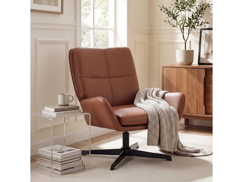  Fauteuil de salon revêtu de cuir pu, fauteuil de lecture avec assise rembourrée, accoudoirs et pieds en métal, marron  - Conforama C