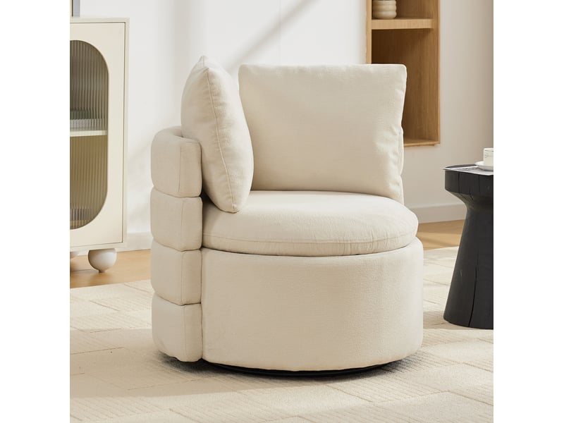  Fauteuil pivotant 360° 78,5x73x83 cm, avec rangement, fauteuil lounge, coussin, pour salon, chenille, couleur ivoire  - Conforama B