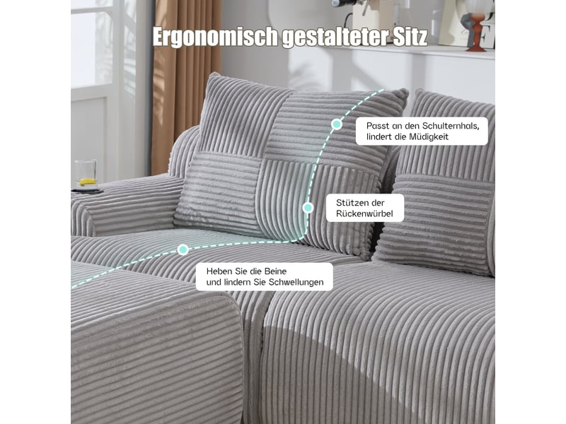  Canapé modulable, canapé de salon, porte-gobelets, gris clair, en velours tricoté  - Conforama E