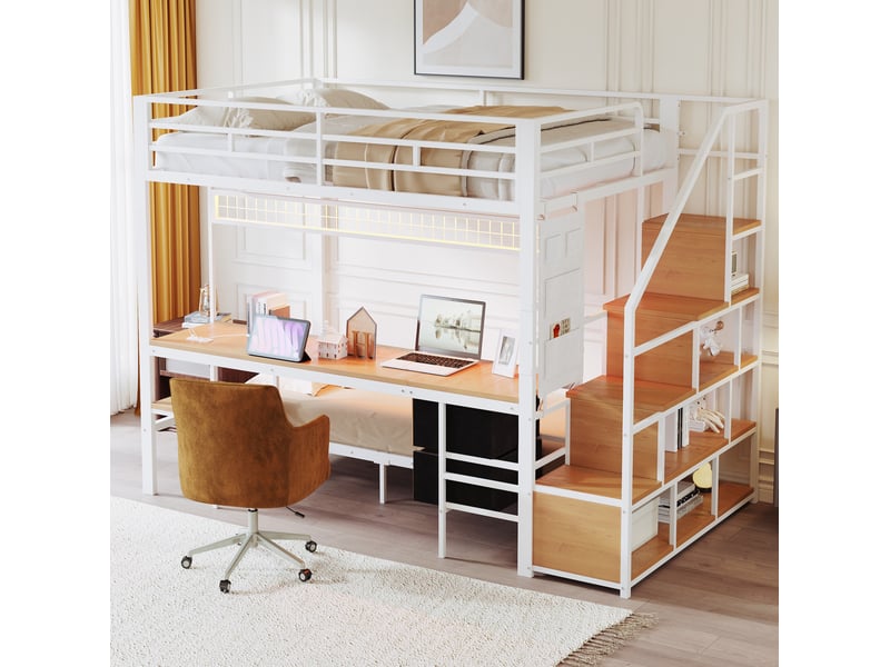 Lit mezzanine enfant en métal et mdf blanc 140 x 200 cm avec couchage inférieur 90 x 200 cm - Conforama D