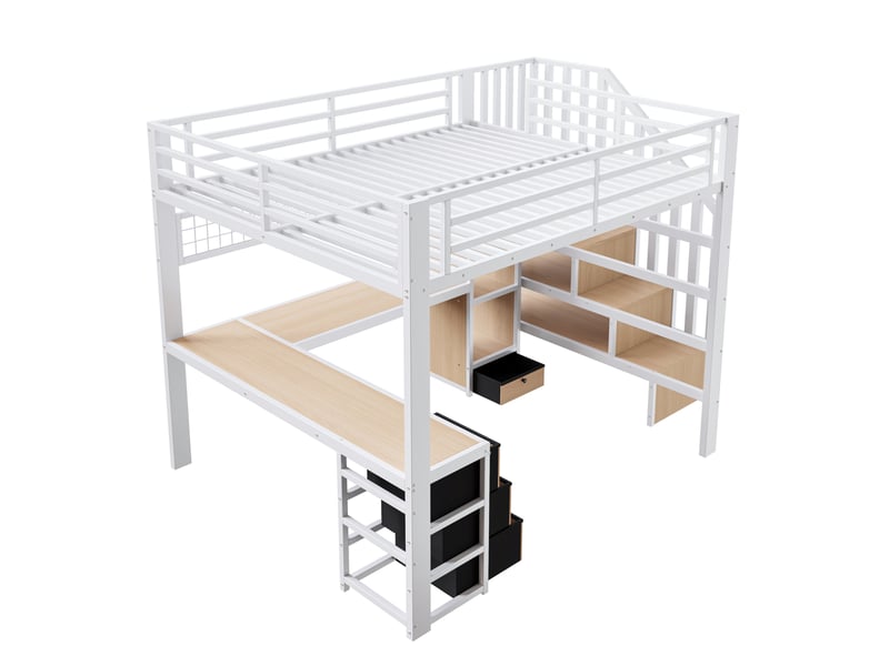  Elvmi lit mezzanine 140x200 cm en métal et mdf blanc avec bureau intégré, éclairage led contrôlable par application, étagère, 4 tiroirs, grille de rangement suspendue et escalier avec espaces de rangement  - Conforama A