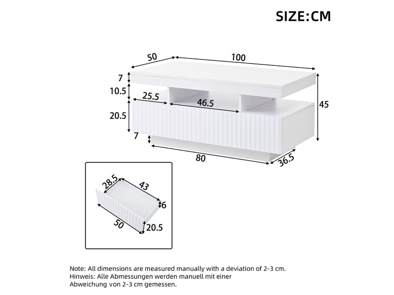  Table basse avec éclairage led 100x50x45 cm 2 tiroirs rayures verticales blanc  - Conforama C