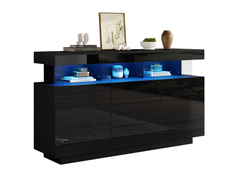  Buffet moderne, moderne, deux portes et trois tiroirs, meuble de rangement brillant, buffet de salon avec éclairage led, 140×35×80cm, noir  - Conforama A
