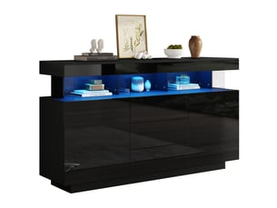 Buffet moderne, moderne, deux portes et trois tiroirs, meuble de rangement brillant, buffet de salon avec éclairage led, 140×35×80cm, noir