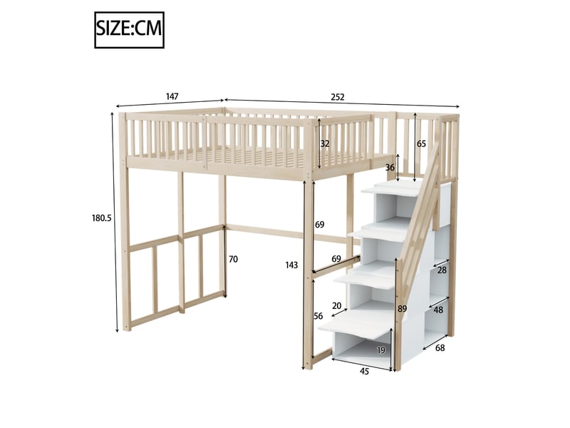  Lit mezzanine 140x200cm couleur bois naturel, échelle sécurisée avec rangement, garde-corps, pin massif  - Conforama B