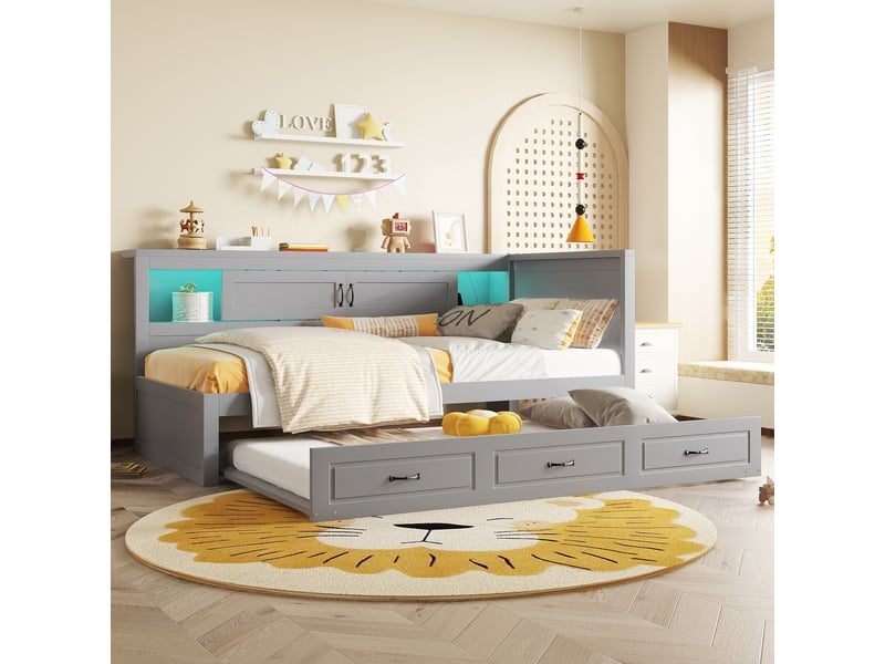  Canapé-lit 90x200 cm avec lit gigogne et éclairage led, lit simple avec prise électrique + usb, canape lit 2 personnes en gris  - Conforama W