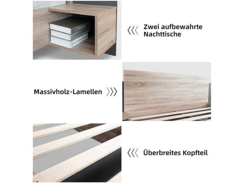 Ensemble de lit double 160x200 cm en bois moderne avec 2 tables de nuit, chambre à coucher complète - chêne sonoma et gris foncé Morn Vibe - Conforama D