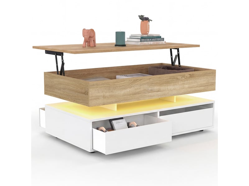 Table basse plateau relevable rectangulaire elsa 90 cm 4 tiroirs avec led en bois blanc et plateau façon hêtre  - Conforama A
