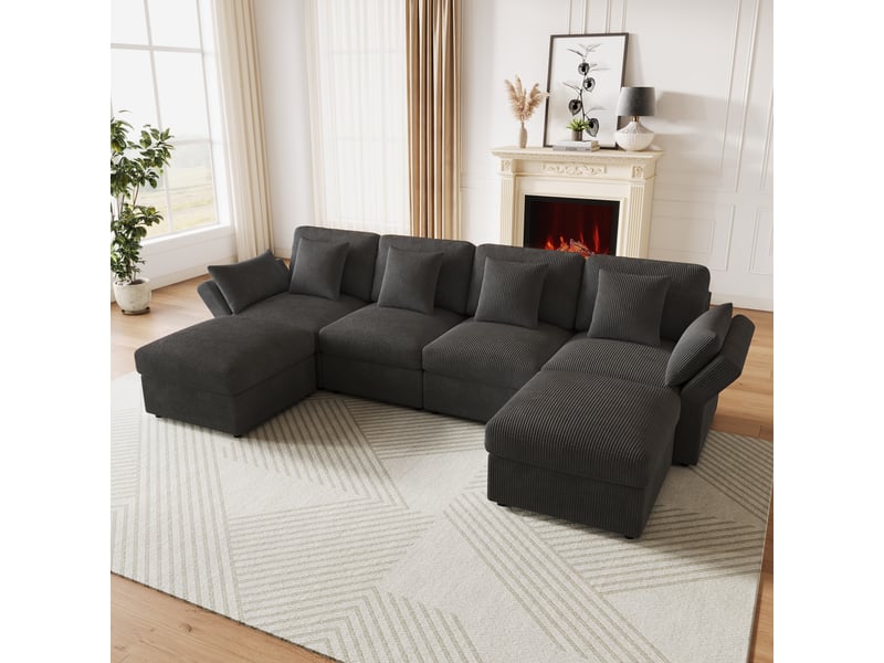  Canapé d’angle modulable 6 places en velours côtelé gris, canapé en u avec poufs et accoudoirs réglables pour salon  - Conforama W