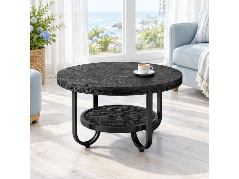  Table basse ronde à deux niveaux en mdf et métal, noir, 80 x 80 x 45 cm  - Conforama B
