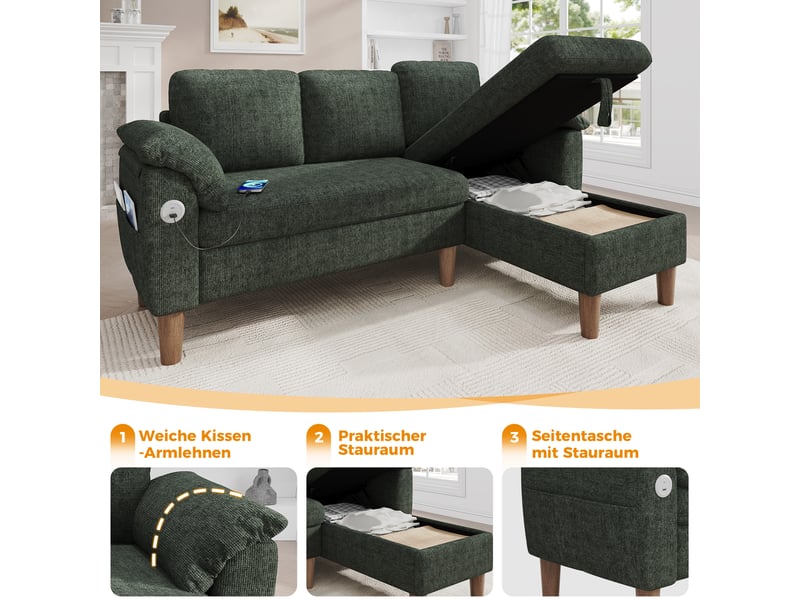 Canapé d'angle réversible 3 places, tissu chenille vert avec méridienne coffre de rangement, ports usb et poches, pour salon et petit espace - Conforama D