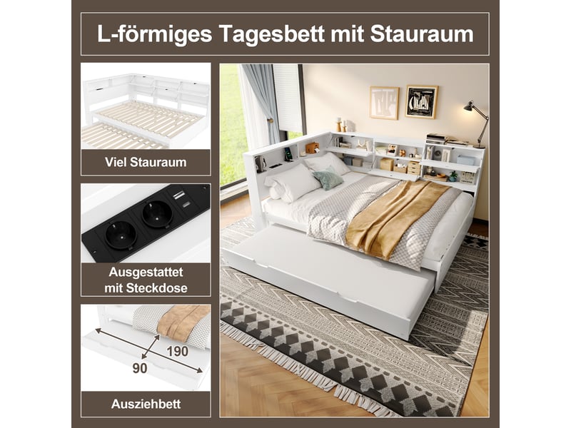  Lit banquette 140x200 avec lit gigogne blanc 90x190 - tête de lit avec rangement et ports usbtype-c  - Conforama D