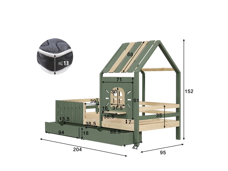  Lit enfant 90x200 cm, lit cabane avec toit et fenêtre de sécurité, barrières de protection sur 4 côtés et 2 tiroirs en pin, vert et naturel  - Conforama E