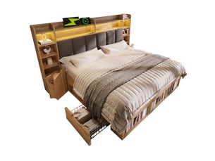 Lit double 180x200 avec rangement - tête de lit led - tables de chevet avec usb et usb-c - sans matelas