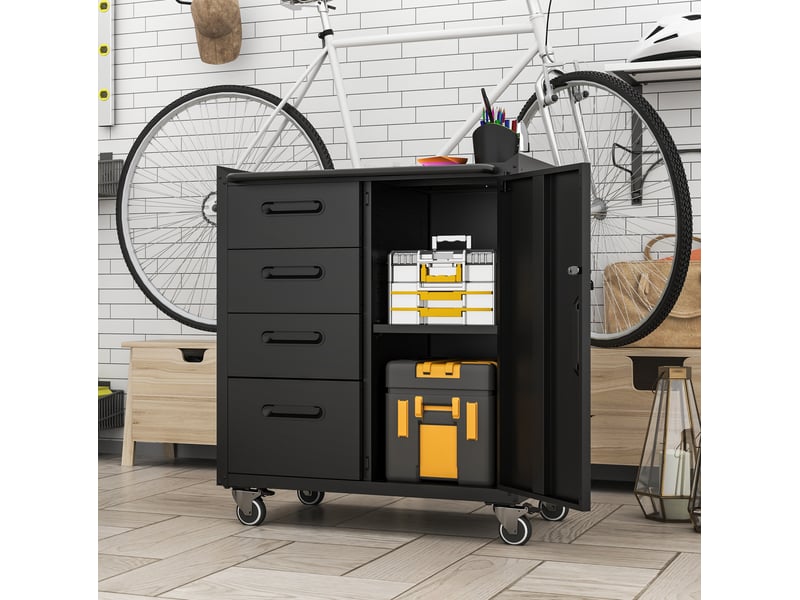 Armoire à outils en métal 75 x 42 x 88 cm noir et gris, 4 tiroirs, rangement verrouillable à roulettes - Conforama B