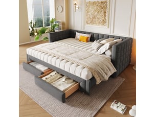 Lit rembourré ulevr lit extensible 90 x 200 cm avec 2 tiroirs, se déploie jusqu'à 180 cm, velours, gris
