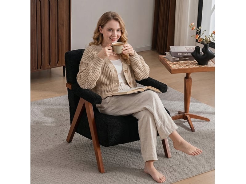  Fauteuil avec accoudoirs en bouclé, structure en bois et rembourrage en mousse pour salon, noir  - Conforama D