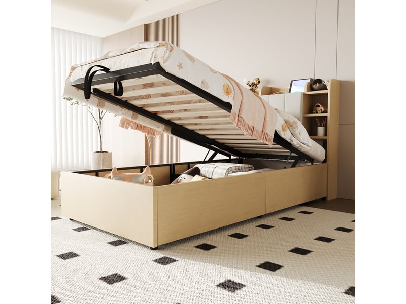  Lit simple 90 x 200 cm avec usb et tape-c, lit coffre, cadre de lit adulte en bois, tête de lit avec espace de rangement, beige  - Conforama A