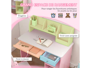 Bureau enfant avec chaise ergonomique avec clavier coulissant tiroir niches et étagères ouvertes rose 90 x 45 x 90 cm