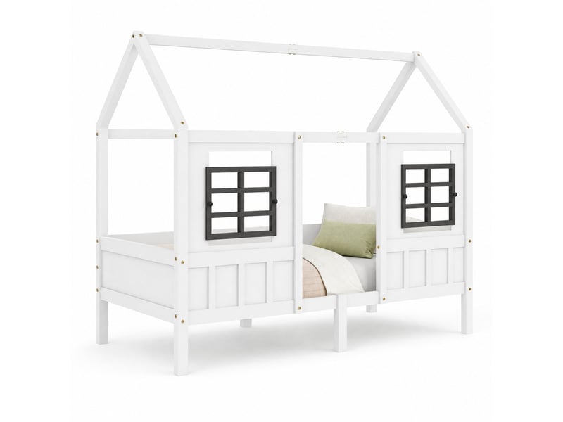  Lit enfant cabane 90x200 cm avec fenêtres de protection, blanc, pin et mdf  - Conforama A