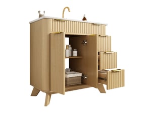 Meuble sous vasque avec 3 tiroirs, 2 portes et lavabo en céramique pour salle de bain 81×47×90 cm