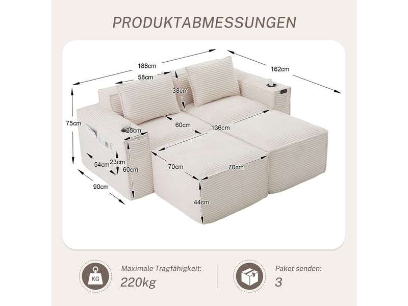  Canapé modulaire 2 places avec 2 poufs et porte-gobelets - lpospi - poches latérales, velours côtelé beige  - Conforama D