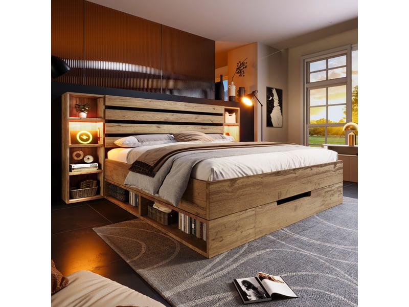  Lit double en bois massif 180 x 200 cm, rangement, led, usb-c, tête de lit avec rangement, tiroir, sommier à lattes en bois, chêne Bliss Lite - Conforama E