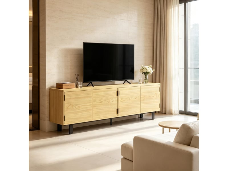  Meuble tv tcqpz 180 x 35 x 55,5 cm 4 portes à ouverture par pression effet bois naturel  - Conforama B