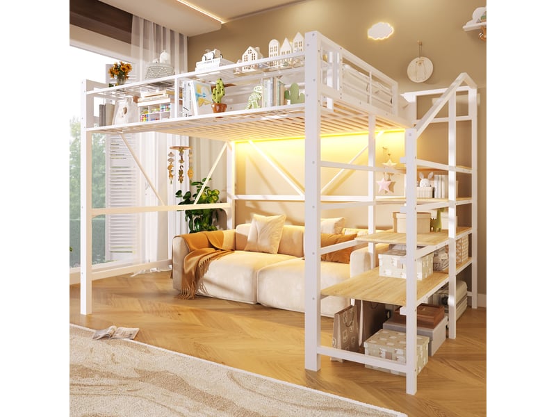  Lit superposé 140x200 cm, lit enfant, rangement, étagères, led, bois et métal blanc  - Conforama A