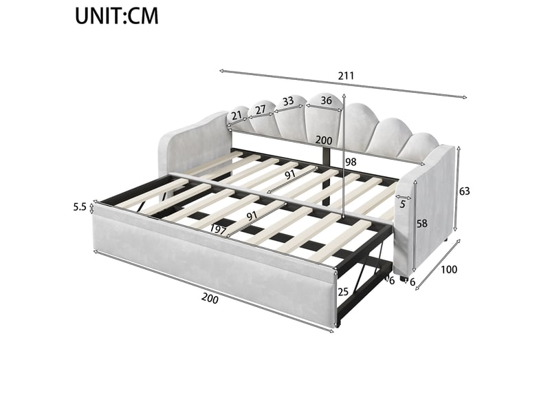  Lit gigogne multifonctionnel 90x200 cm led, lit enfant, lit simple avec tête de lit, mdf, velours gris sans matelas  - Conforama C