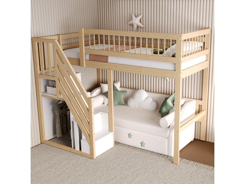  Lit mezzanine enfant 90x200 cm avec escalier avec rangements intégrés, espace de rangement pratique, structure bois, naturel OMNIGLINT TRADING LTD - Conforama D