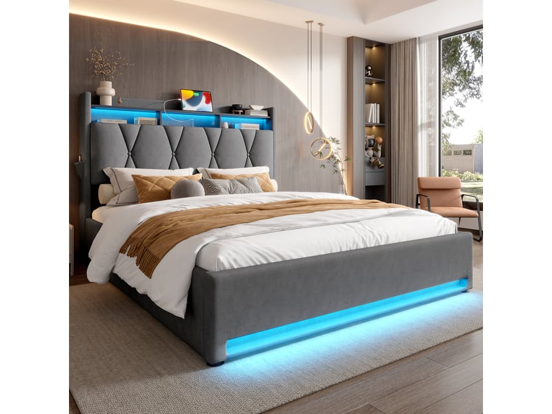  Lit coffre rembourré 140 x 200 cm, rangement hydraulique, tête de lit avec rangement, led, usb-c, velours, gris Bliss Lite - Conforama D