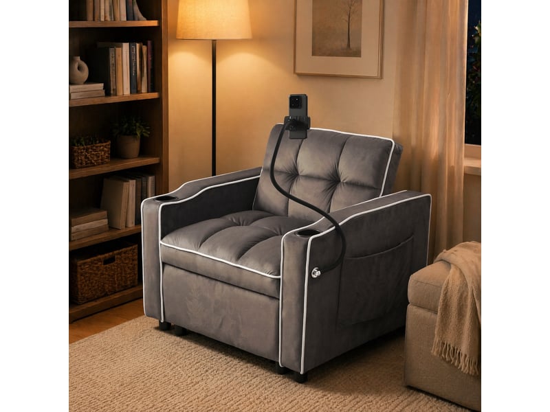  Fauteuil convertible 3-en-1 gris foncé en velours 83 x 167 x 76 cm  - Conforama C