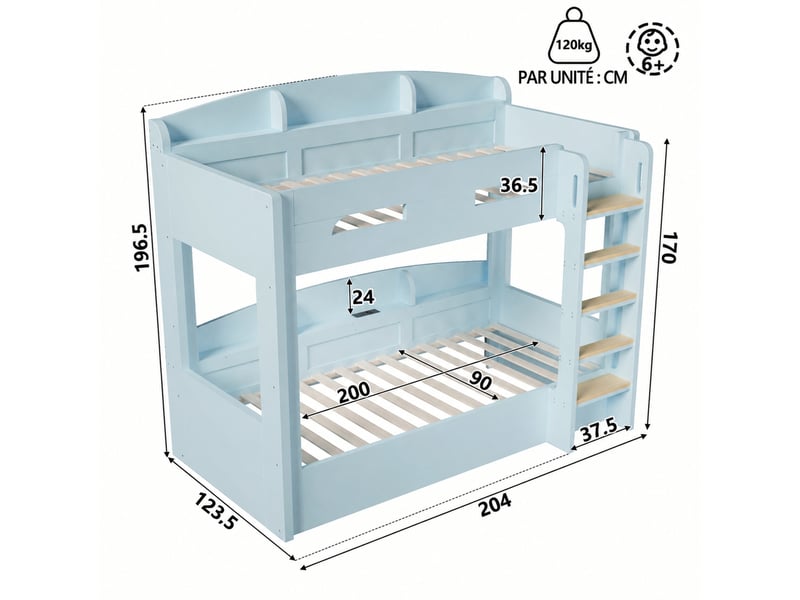  Lit superposé en bois et mdf, lit deux places avec prise usb et étagères, 90x200 cm, matelas non précisé, bleu clair  - Conforama D