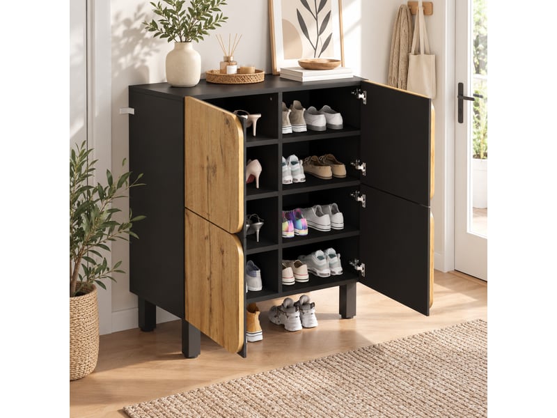  Meuble à chaussures 4 portes avec étagères réglables et pieds métal - design moderne  - Conforama D