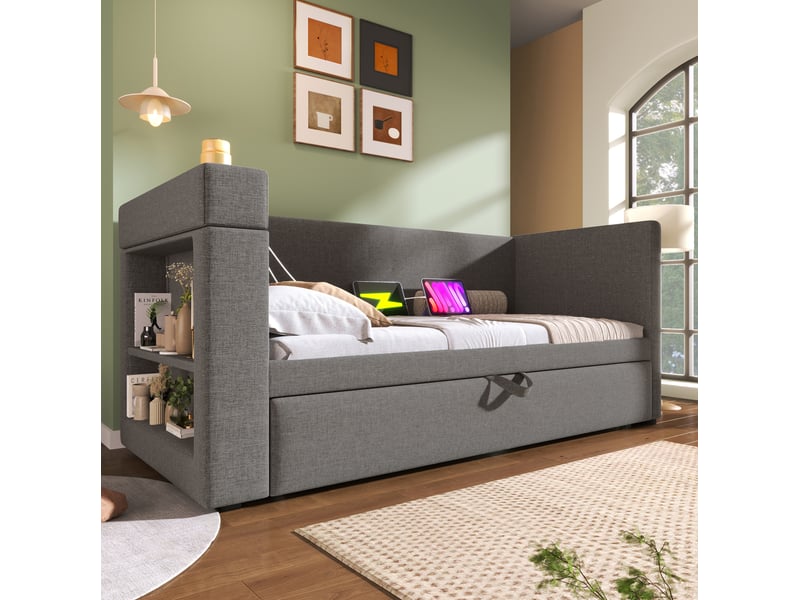  Banquette-lit gigogne, 90 x 190 cm, couchage gigogne, usb et porte gobelets, matelas non inclus, bois, coloris gris  - Conforama D
