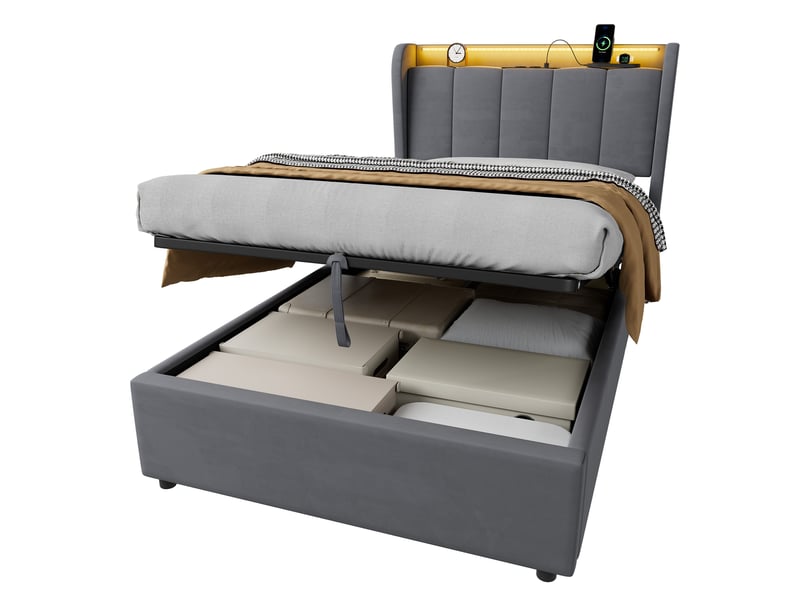  Lit coffre 90x200 avec veilleuse et prise électrique, lit pour adolescents avec de rangement, lit simple, couleur gris foncé, sans matelas  - Conforama A